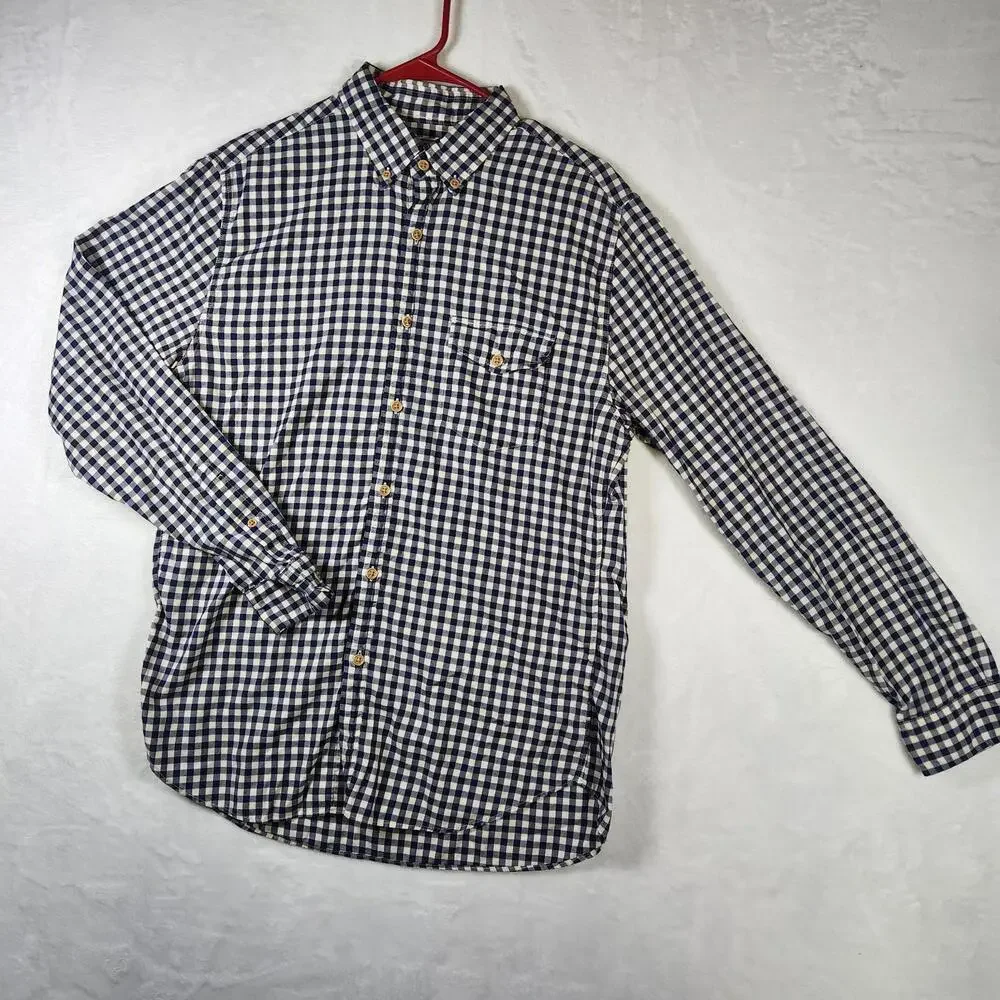 J.Crew M Navy White Gingham Button Down Shirt Vtg Style‎ 100% Cotton Tailored
